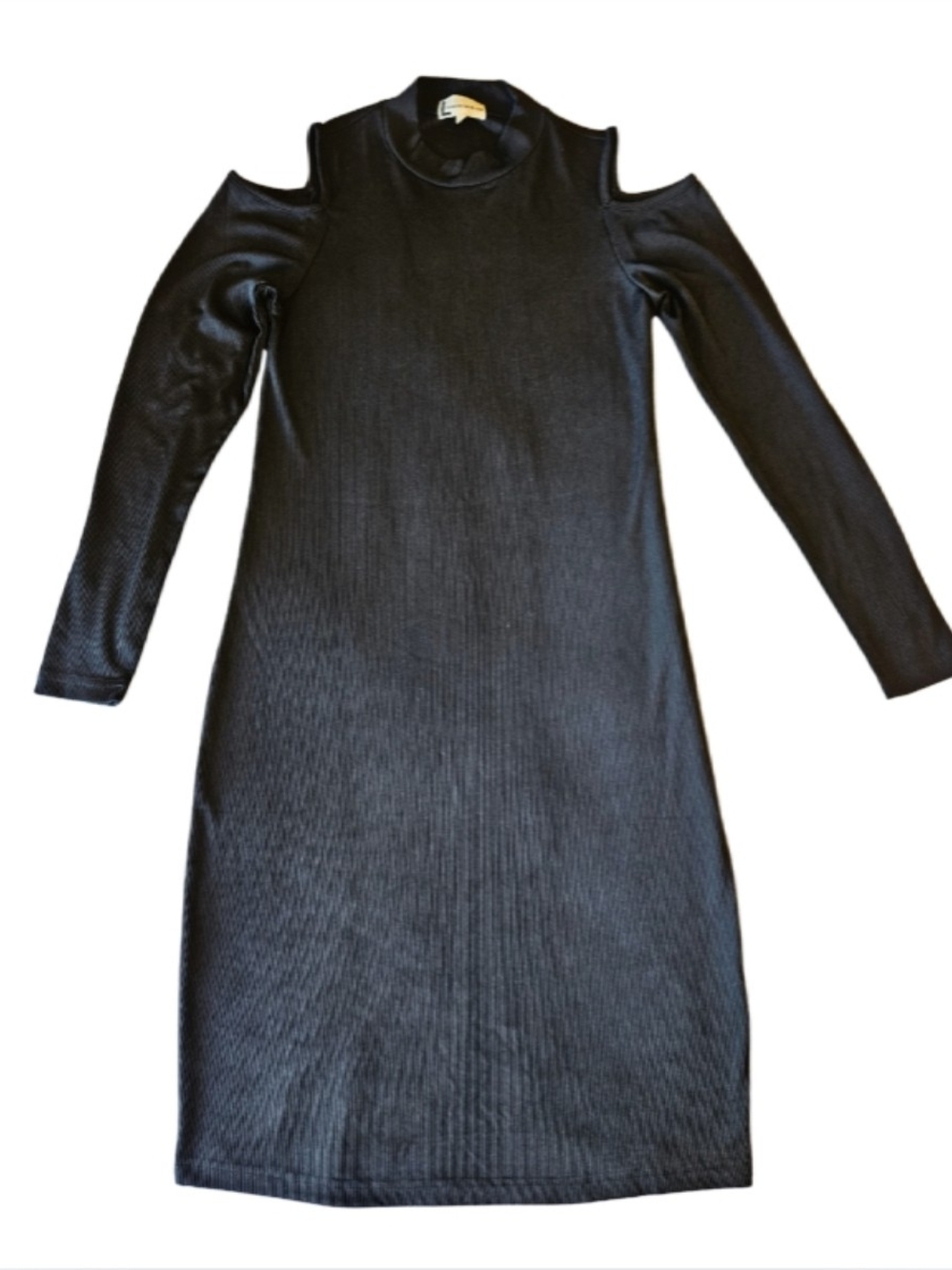 LG Black Cold-Shoulder Ribbed Mock-Neck Long Sleeve Dress